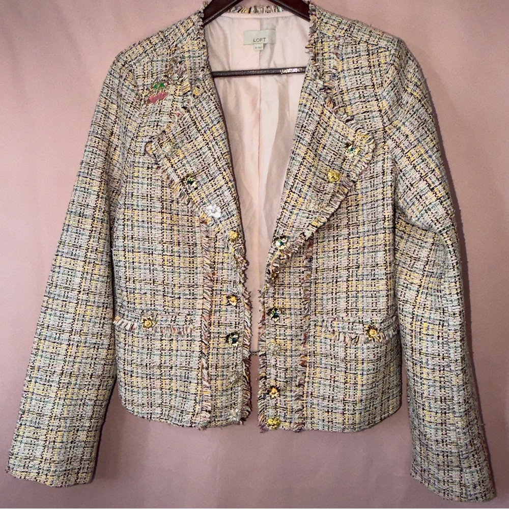 Tweed Blazer Jacket Gold Button Textured Structured Spring Chic - Picture 2 of 9